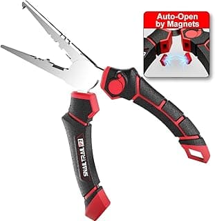 SNAIL TRAIL 7'' Fishing Pliers, Angled Head Split Ring Pliers, Auto-Open by Magnets, Corrosion Resistant Fish Hook Remover, Saltwater Crimping Shot & Wire Cutter Tool