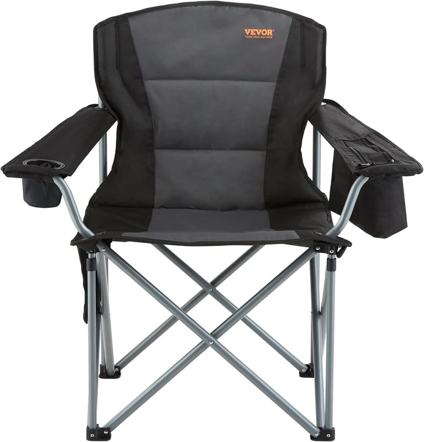 VEVOR Oversized Camping Folding Chair, Portable Heavy Duty Outdoor Quad Lumbar Back Padded with Side Pockets, Cup Holder and Cooler Bag for Beach, Lawn, Picnic, Fishing, Backpacking, Black