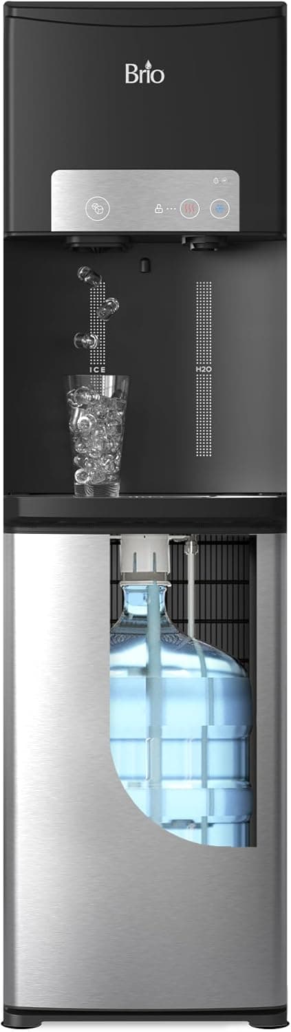 Brio ICE 420 Water Cooler Dispenser for 5 Gallon Bottle with Ice Maker, Bottom Load | UV Self Cleaning Technology, Night Light, Child Safety Lock & 2X Fast Dispense | NSF Certified - Black & Stainless