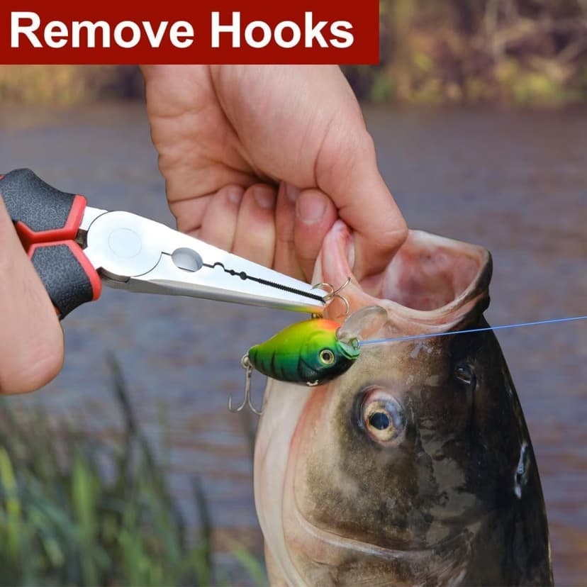 SNAIL TRAIL 7'' Fishing Pliers, Angled Head Split Ring Pliers, Auto-Open by Magnets, Corrosion Resistant Fish Hook Remover, Saltwater Crimping Shot & Wire Cutter Tool