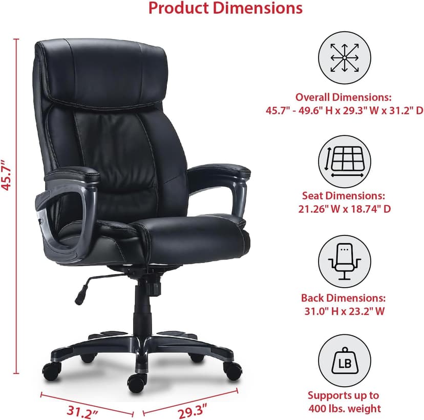 STAPLES Lockland Ergonomic Managers Office Chair, Big & Tall Cushioned, Adjustable Height, Metal Frame, Bonded Leather, for Workspace, Home, or Gaming, Black