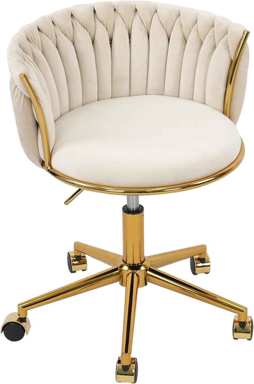 HENGJIANYI Velvet Woven Home Office Chair, Modern Swivel Desk Chair with Wheels, Height Adjustable Vanity Chair with Gold Metal Base and Hand Weaving Back, Beige