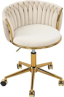HENGJIANYI Velvet Woven Home Office Chair, Modern Swivel Desk Chair with Wheels, Height Adjustable Vanity Chair with Gold Metal Base and Hand Weaving Back, Beige