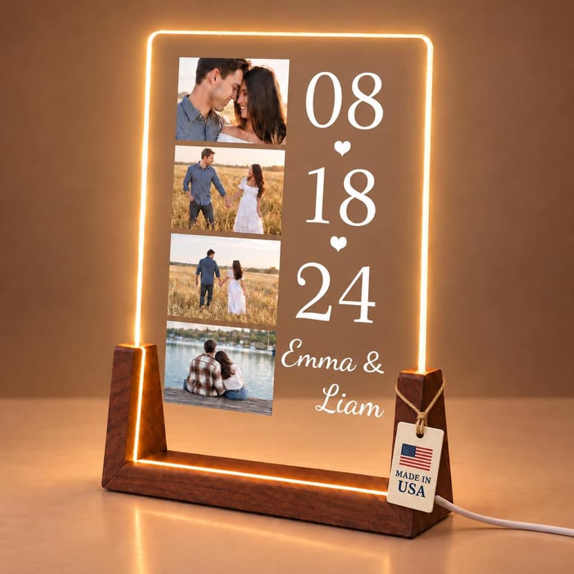 Personalized Couple Gifts, Custom Acrylic Photo Plaque with 4 Photos, Names & Date, Anniversary Keepsake with Wooden Base, Birthday Gifts for Wife, Husband, Girlfriend or Boyfriend B0HJZ6XZV6