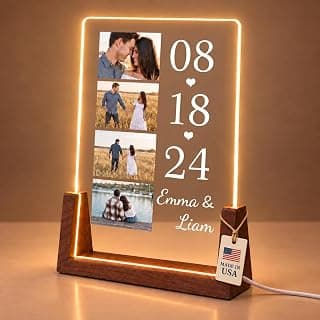 Personalized Couple Gifts, Custom Acrylic Photo Plaque with 4 Photos, Names & Date, Anniversary Keepsake with Wooden Base, Birthday Gifts for Wife, Husband, Girlfriend or Boyfriend B0HJZ6XZV6