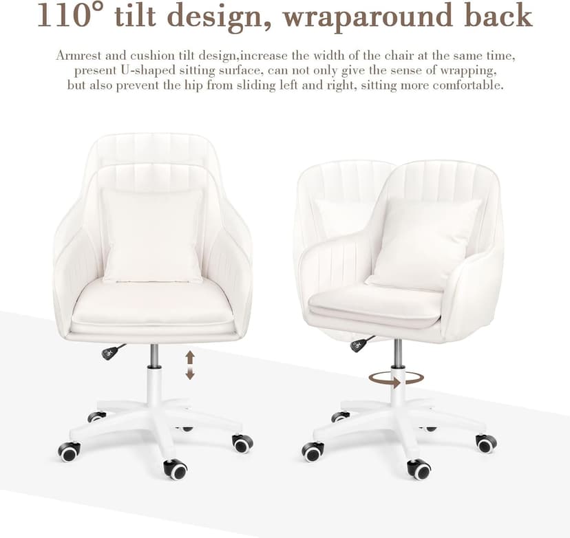 Mid Back Velvet Vanity Chair Swivel Rolling Desk Chair with Wheels, Modern Upholstered Makeup Chair for Women Girls, Computer Task Chair for Bedroom Living Room Office, White