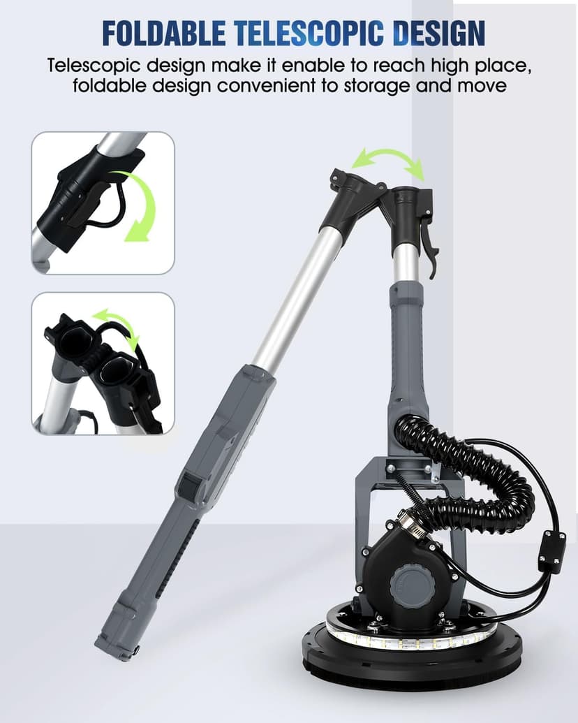 MYTOL Drywall Sander, 7.2A Electric Drywall Sander with Vacuum Dust Collection, LED Light, 6 Variable Speed Digital Display 900-1800RPM, Foldable & Extendable Handle (GREY)