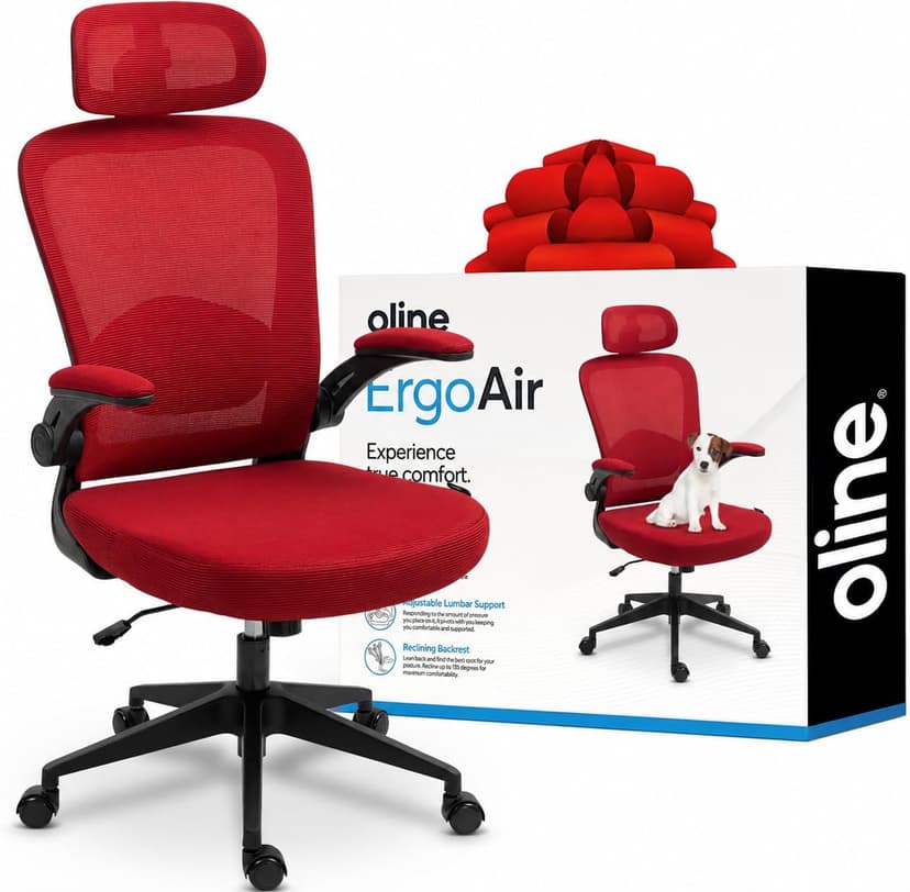 Oline ErgoAir Ergonomic Office Chair – Adjustable Lumbar Support, Flip-Up Armrests, Mesh Computer Desk Chair, Swivel Rolling Executive Gaming Chair for Home & Office (Red)