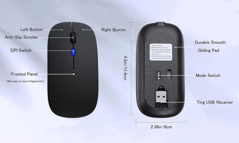 WREANU Wireless Bluetooth Mouse Rechargeable Laptop Mice with LED Lights Silent Slim Use(BT5.2 and 2.4G Portable USB) Dual Mode Computer Mouse for Laptop/iPad/Tablet/Apple/Computer/Mac (Black)