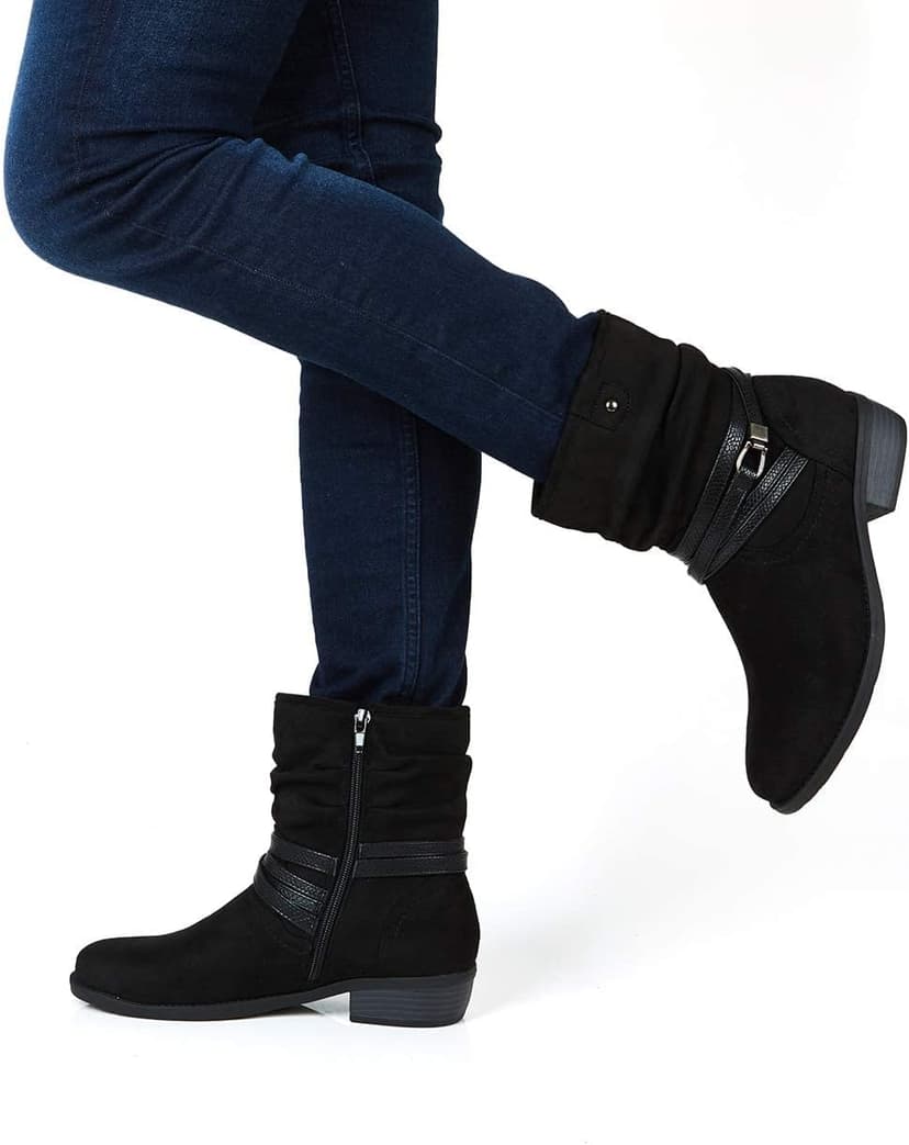 VJH confort Women's Mid Calf Boot,Round Toe Low Heel Comfort Slouchy Bootie with Side Zipper Buckle Strap