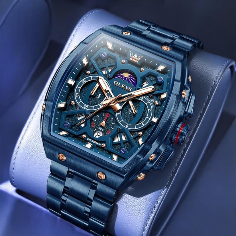 OLEVS Watches for Men Analog Quartz Luxury Diamond Waterproof Chronograph Stainless Steel Big Face Square Date Moon Phase Roman Numeral Dress Watch for Men
