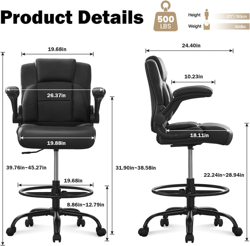 Ergonomic Drafting Chair,Tall Office Chair for Standing Desk with Flip-Up Armrests,Adjustable Foot Ring & Height, High Leather Executive Office Chair for Home,Drawing or Counter Height Use