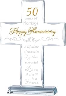 YWHL 50th Wedding Anniversary Religious Cross Gifts for Women Men, 50 Year Anniversary Romantic Gift for Him Her, Laser Engraved Glass Standing Cross Keepsake for Couple, 50 Years of Marriage Present