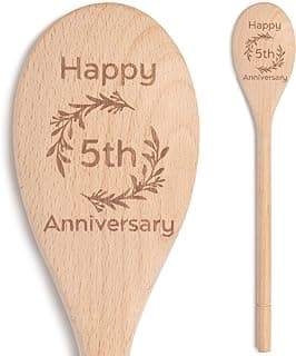 5 Year Anniversary Wood Gifts for Her Him - Happy 5th Wedding Anniversary Spoon Wooden Gifts for Wife Husband Men Couples Marriage, Handmade Engraved Spoon 12×2.2 in
