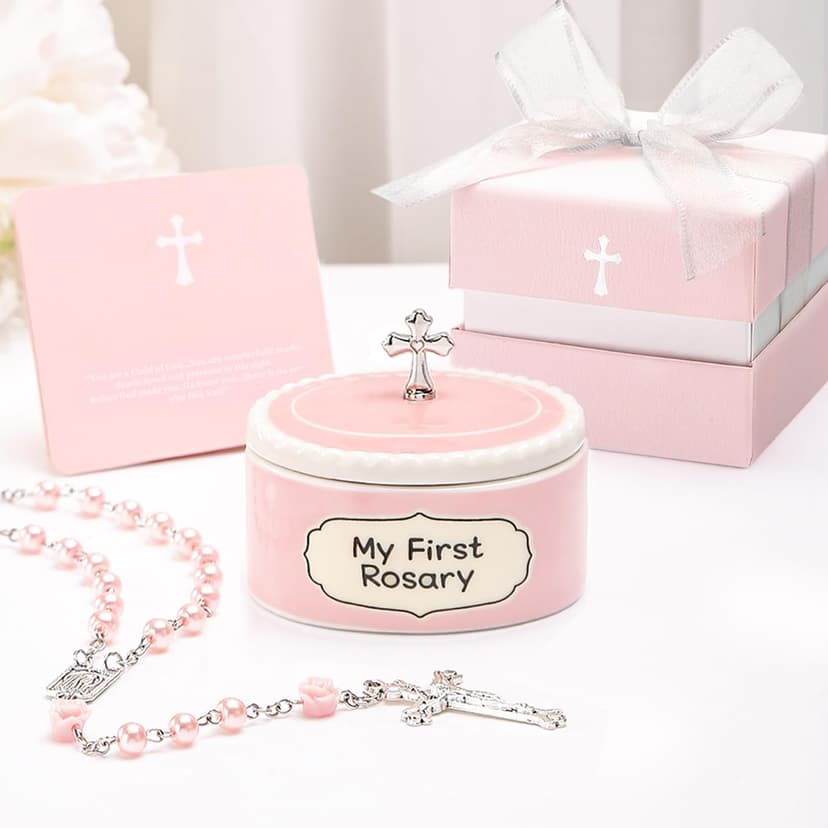 Baptism Gifts for Girl - My First Rosary with Ceramic Keepsake Box, Catholic Christening Gift Set, Pink Rosary for Kids, Baptism, First Communion & Baby Dedication Gifts for Newborn Baby Girls B0FP1QPHFJ