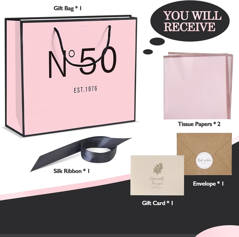 13" Birthday Gift Bag with Card Envelope Sticker Bow Ribbon and Tissue papers for Women Girls Design with Handles,13th-100th (EST.1975 50th, 13" W x 10.5" H x 4.3" D)