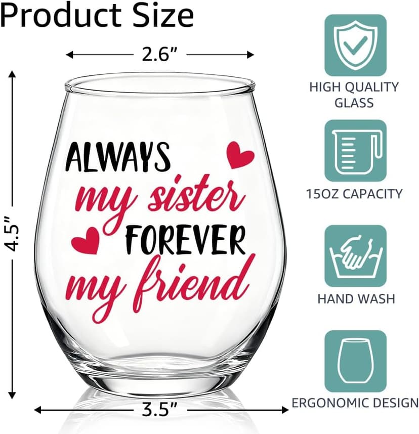 Always My Sister Forever My Friend Stemless Wine Glass, Gifts for Female Friends, Keepsake for Women Birthday, BFF, Soul Sister, Work Bestie, Thanksgiving Present B0FJBR7VK4