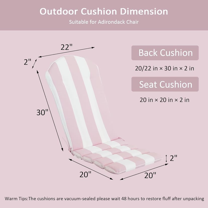COZYVIDA 50"x20" Adirondack Chair Cushions Set of 2,Outdoor Rocking Chair Cushions high Back,Water-Resistant,UV-Resistant 1000+ Hrs, with Adjustable Straps,Pink White Stripe
