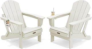 SERWALL Folding Adirondack Chair Set of 2, All Weather Patio Chair with Wood Texture, Fire Pit Chairs for Outdoor - White