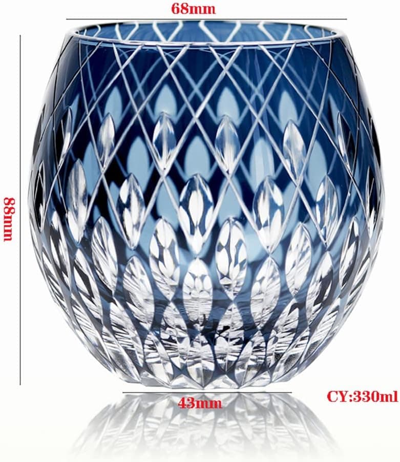 JINZHI Japanese Style EDO Kiriko Whiskey Glasses 11OZ Unique Shape Colored Hand Carved Glass Tumbler for Bourbon Lovers - Style Glassware for Rum - Rocks glasses in Gift Box (Blue)