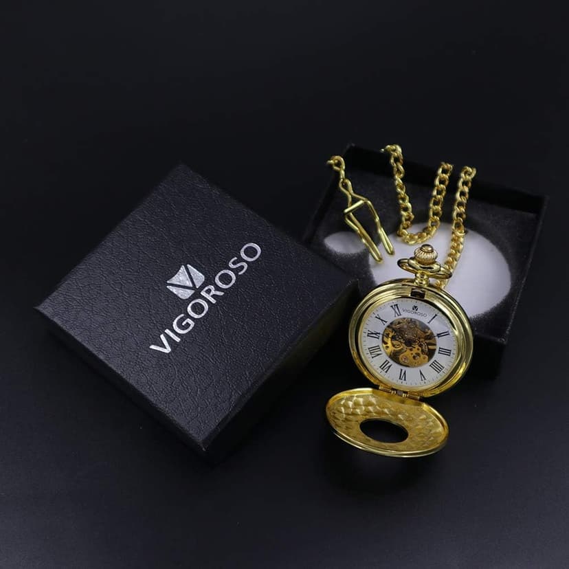 VIGOROSO Vintage Hand Wind Up Pocket Watches for Men, Mechanical Pocket Watch with Chain, Mens Skeleton Pocketwatch