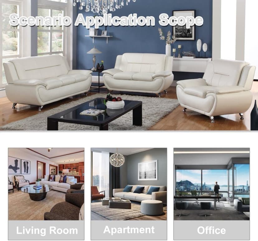 Leather Sofa Set for Living Room 3 Piece Living Room Furniture Set Modern Couch Set with 3-Seater Sofa, Loveseat and Armchair (Cream White)