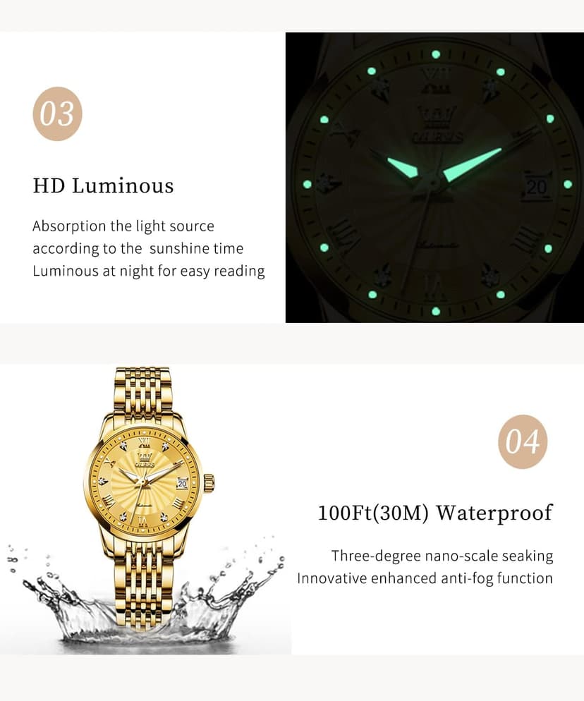OLEVS Womens Automatic Watches Gold Classic Diamond Ladies Self Winding Mechanical Two Tone Stainless Steel Wrist Watch Date