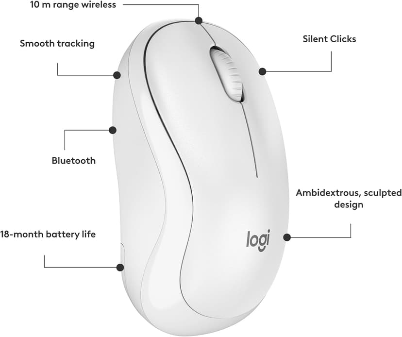 Logitech M240 Silent Bluetooth Mouse, Wireless, Compact, Portable, Smooth Tracking, 18-Month Battery, for Windows, macOS, ChromeOS, Compatible with PC, Mac, Laptop, Tablets - Off White
