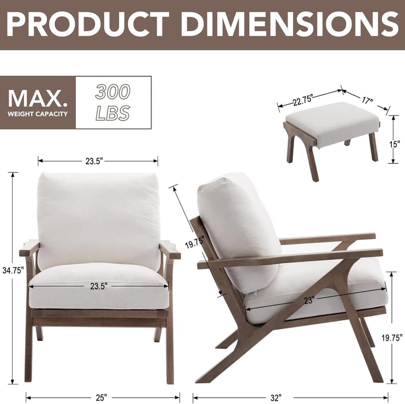 chairus Mid-Century Modern White Linen Accent Chair with Ottoman, Comfy Upholstered Lounge Armchair with Removable Cushions & Solid Wood Frame, Fabric Reading Chair for Living Room Bedroom Office