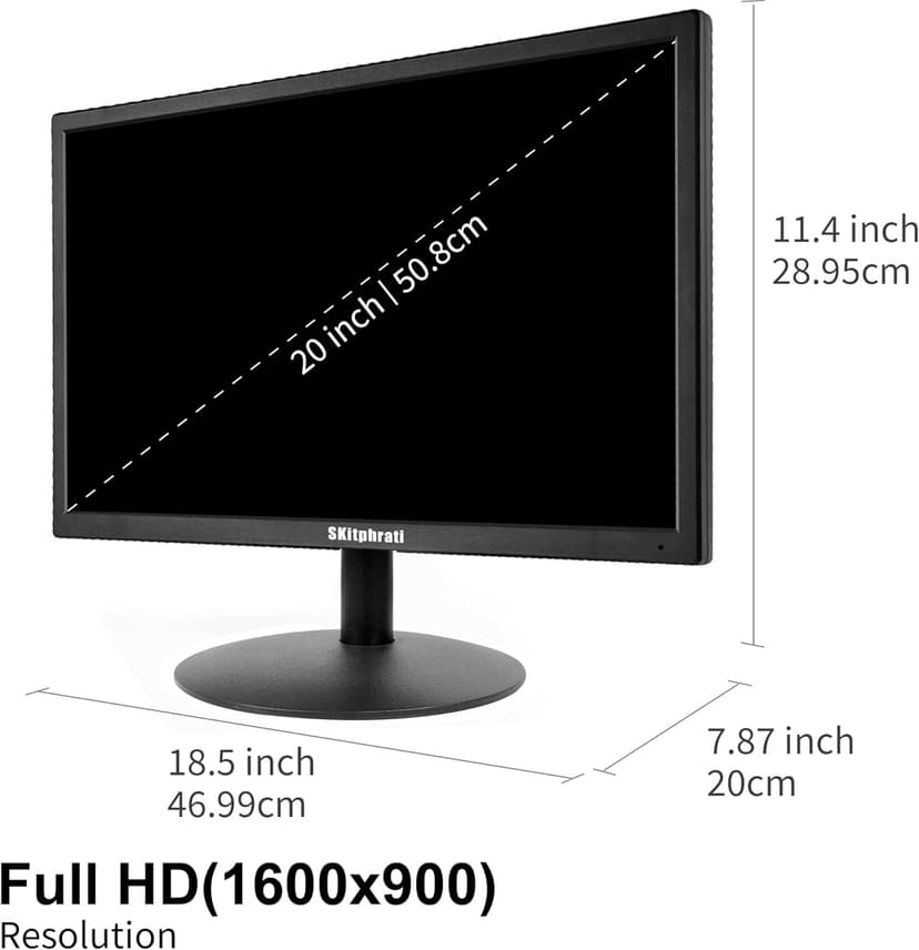 SKitphrati 20" PC Monitor 1600x900 75Hz 5MS HDMI Monitor LED Viewing Angle 95° (Horizontal) with HDMI VGA Input, 76% sRGB, VESA Wall Mount, TN Panel, Black