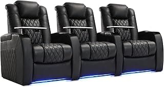 Weilianda Home Theater Seating Top Grain Leather, Zero Gravity Movie Theater Chairs Set, Power Headrest Recliner Chair Gaming Seats, 7 Colors Mood Light Sofa with Tray Table USB Charge Row of 3 Black
