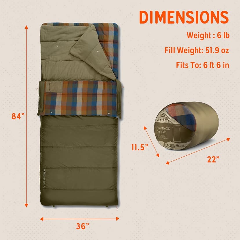 Kelty Wayback Flannel Lined Sleeping Bag, Built in Blanket, Traditional Rectangle Shape, Organic Flannel Cotton Liner, Dual Locking Slide Zips