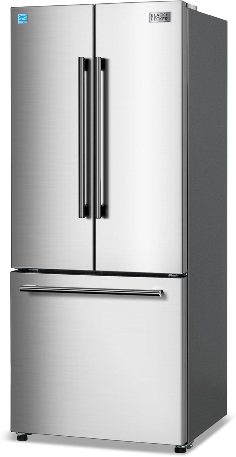 BLACK+DECKER 16 Cu. Ft. French Door Refrigerator with Built-in Ice Maker, Full Size Refrigerator with Bottom Mount Freezer Drawer, Frost Free, ENERGY STAR certified, BRF1600GIMS, Stainless Look