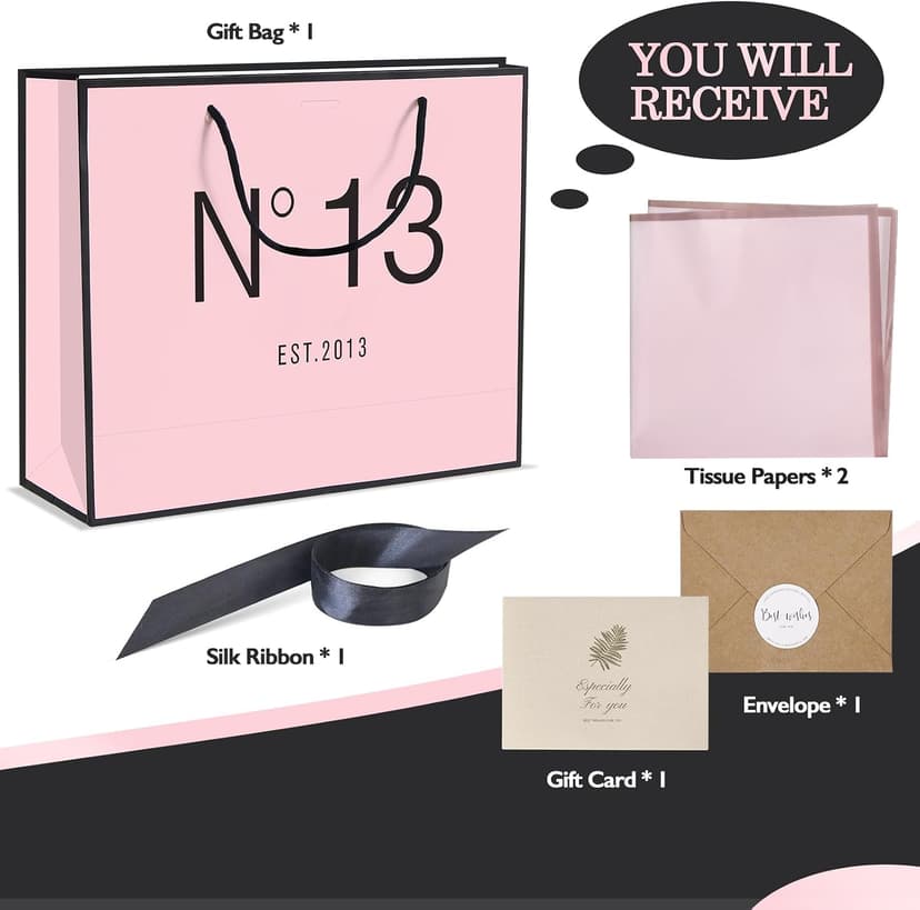 QLSKO 13" Birthday Gift Bag with Card Envelope Sticker Bow Ribbon and Tissue papers for Women Girls Design with Handles,13th-100th (EST.2013 13th, 13" W x 10.5" H x 4.3" D) B0F37Q16Q6