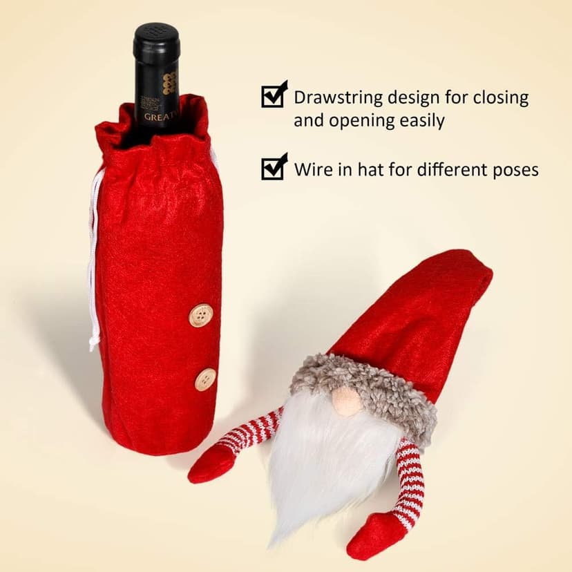 D-FantiX Christmas Gnomes Wine Bottle Cover, Handmade Swedish Tomte Gnomes Wine Toppers Santa Claus Bottle Bags with Drawstring Style Holiday Home Christmas Decorations Gift 3 Pack