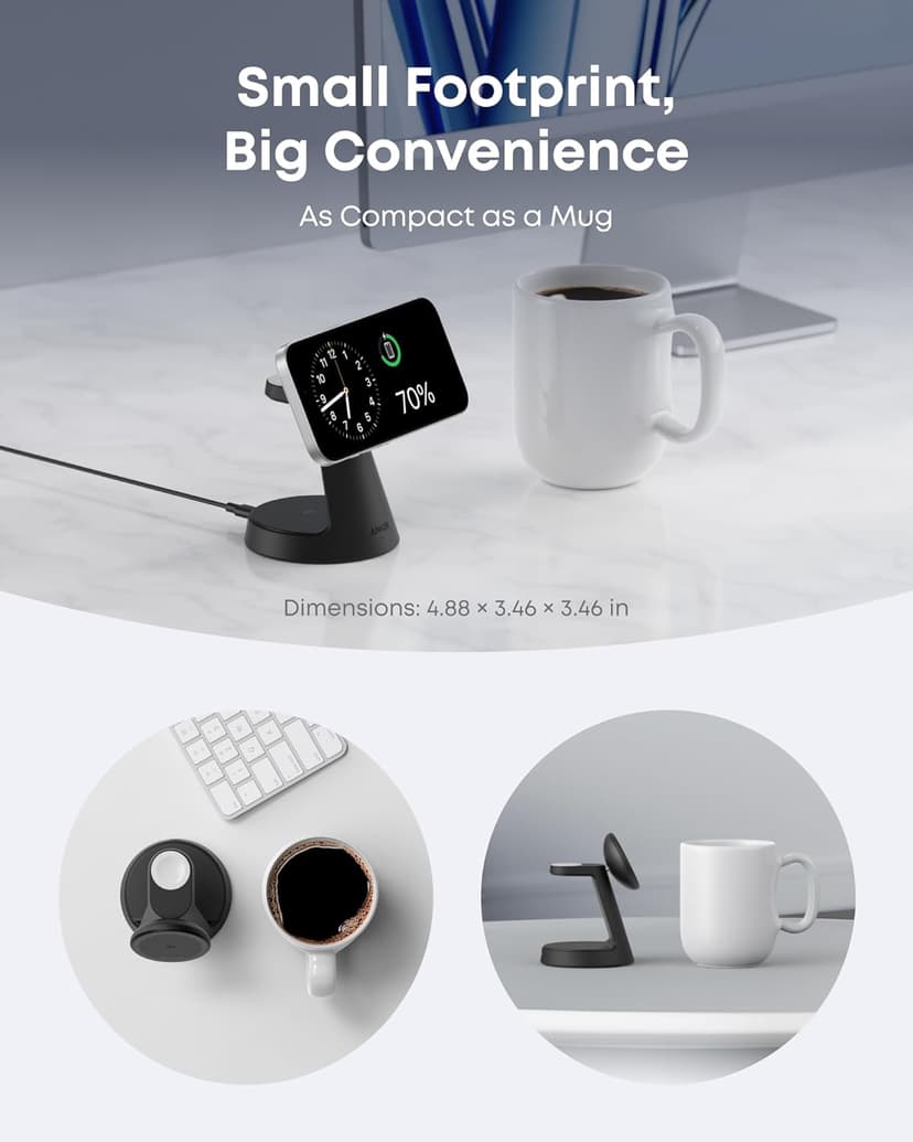 Anker MagSafe Charger Compatible, MagGo 3-in-1 Charging Station, Nano Charging Stand, Qi2 Certified 15W Magnetic Wireless Charger Dock, for iPhone17/16/15/14, Apple Watch,AirPods (Adapter Included)