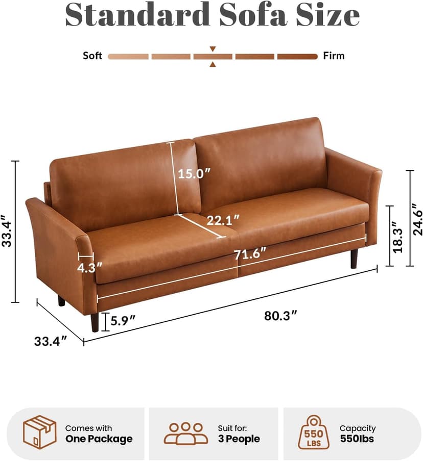 Kingfun Faux Leather 3 Seat Couch for Living Room, Mid Century Modern Sofa with Rolled Arms and Deep Seats, Fluffy Comfort for Apartment, Easy to Assemble, Chestnut