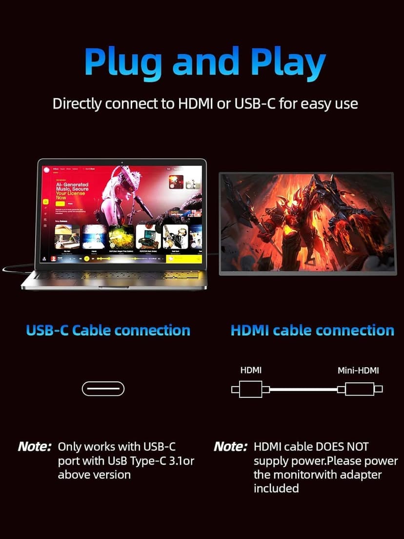 4K Portable Monitor 18.5" 3840x2160 UHD USB-C HDMI for Laptop, 1000:1, 100%sRGB, Built-in Stand & VESA Mount, 8Bit IPS Computer Gaming Display Travel Monitor for Desktop Mac Phones Tablet PS5/4 Switch