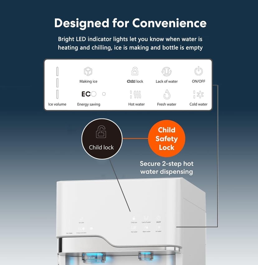 IKT 4-in-1 Hot/Cold Water Cooler with Ice Maker, 5 Gal, Bottom Load, Bullet Ice 22lbs Per Day Innovative Slim & Sleek Design for Home or Office White