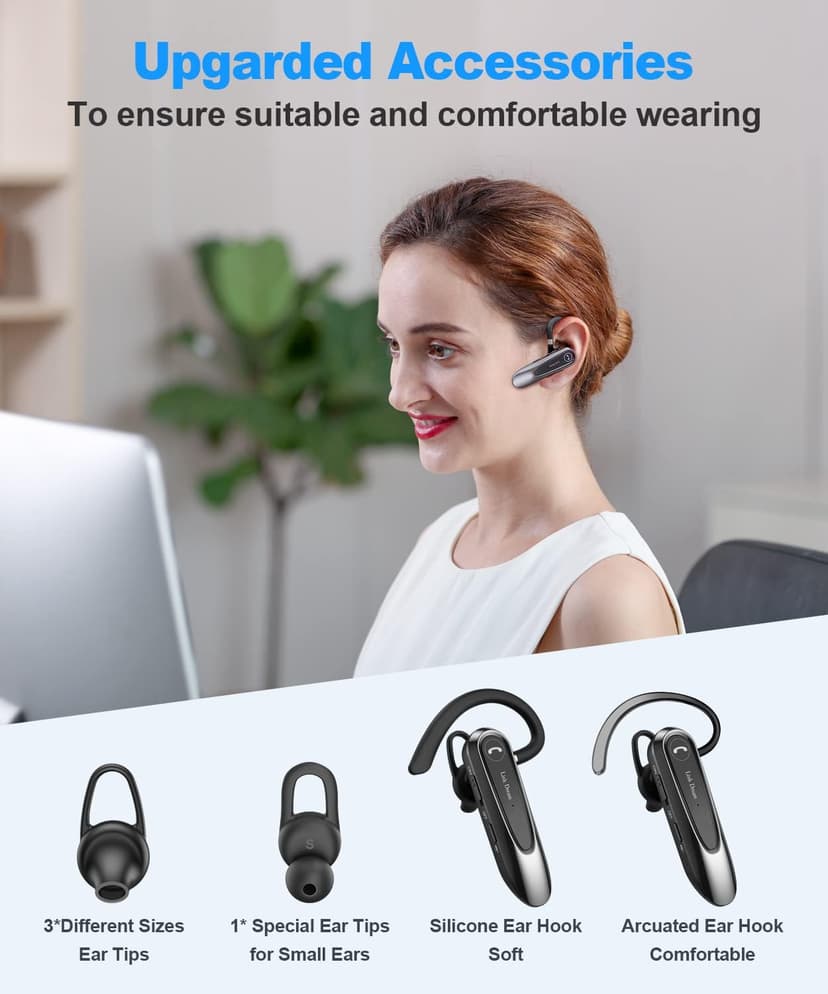 Link Dream Bluetooth Earpiece Wireless CVC8.0 Headset for Cell Phone Dual Mic Noise Canceling Earpiece Phone with Mute Key 20H Talk 180 Days Standby for iPhone Android Home Office Driving (1 Pack)