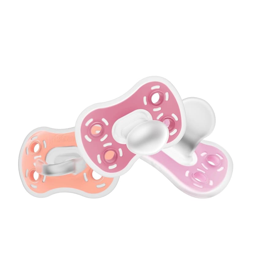 Dr. Brown's Advantage One-Piece Silicone Baby Pacifier, Fully Symmetrical Soother, Coral/Light Pink/Pink, 6-18m, BPA Free, 3 Pack