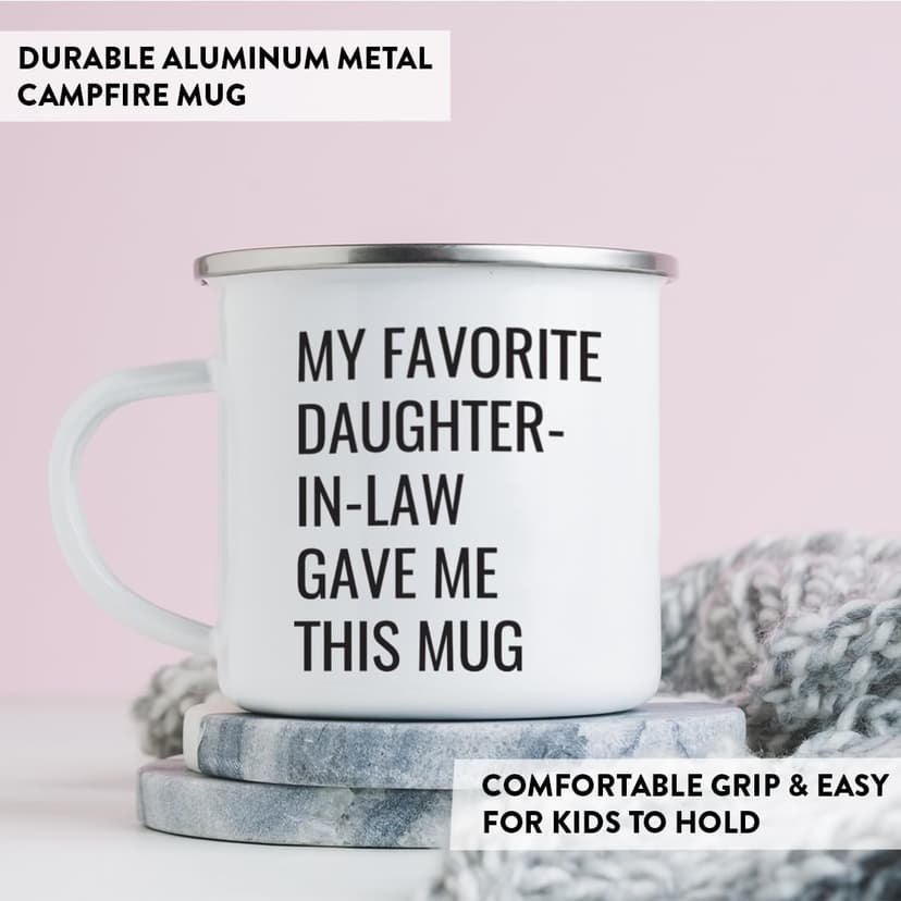 Andaz Press Funny 11oz. Stainless Steel Campfire Coffee Mug, My Favorite Daughter-in-Law Gave Me This Mug, 1-Pack, Enamel Camp Birthday Christmas Cup Father In Law Gift Mother In Law Gift B07VRQ4XHF