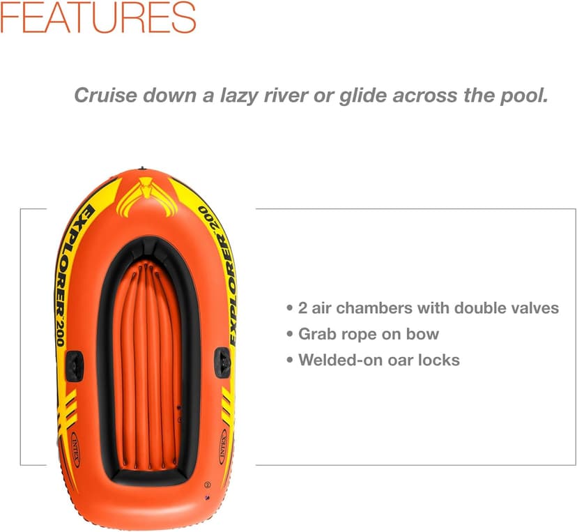 INTEX Explorer Inflatable Boat Series: Dual Air Chambers – Welded Oar Locks – Grab Handles – Bow Rope – Sporty Design