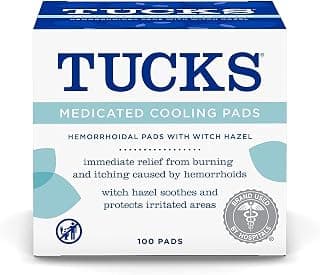 Witch hazel pads designed for sensitive areas and used by hospitals for hemorrhoid symptom relief, also postpartum essentials TUCKS Medicated Cooling Pads, Witch Hazel Hemorrhoid Treatment, 100 Count B06ZYLFV8L