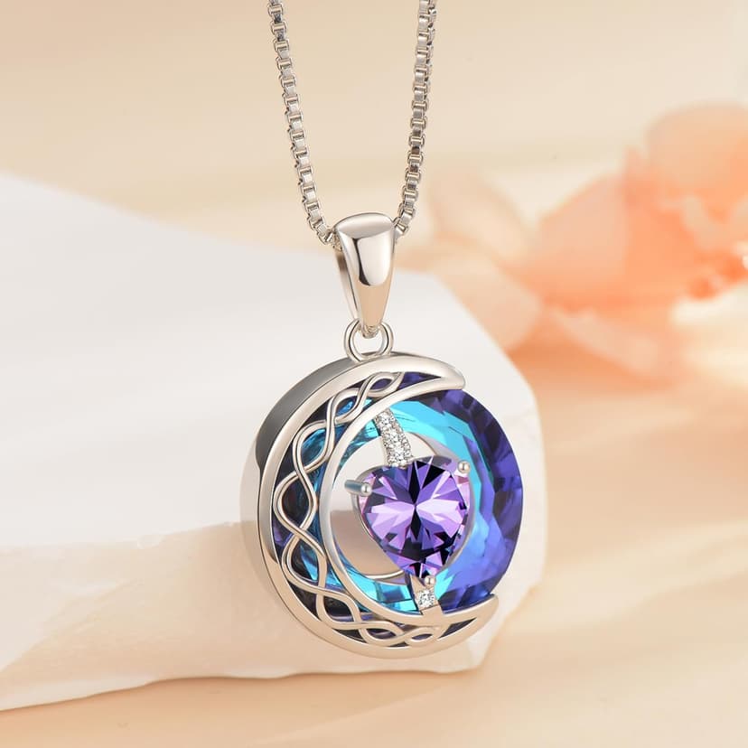 LIANYU Necklace for Womens Blue Sapphire Necklace Moon Pendant S925 Sterling Silver Crystal Jewelry for Women Pendant Birthday Gifts for Wife Gifts Valentine Anniversary