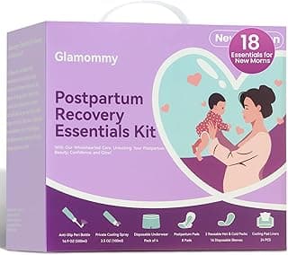 Includes peri bottle, cooling spray, disposable underwear, postpartum pads, hot & cold packs, soothing liners for postpartum Glamommy Postpartum Recovery Essentials Kit, Labor & Delivery Care for Mom B0DSCBNS7L