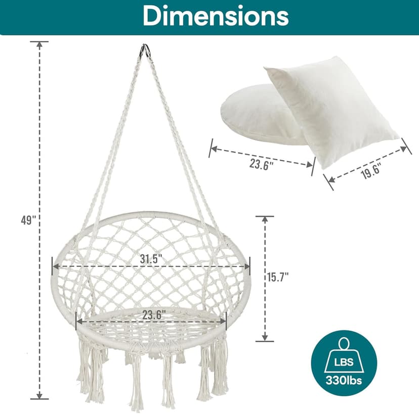 JoyView Macrame Hammock Chair Hanging Swing Chair Max 330 Lbs with 2 Cushions and Hardware Kits for Indoor Outdoor Bedroom Patio Garden - Beige