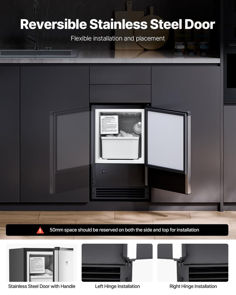 VEVOR Undercounter Built-in Ice Maker, 15 Lbs/Day Under Counter Ice Maker Machine with Reversible Door Stainless Steel, Freestanding Ice Maker for Commercial Home Kitchen, No Drain Required