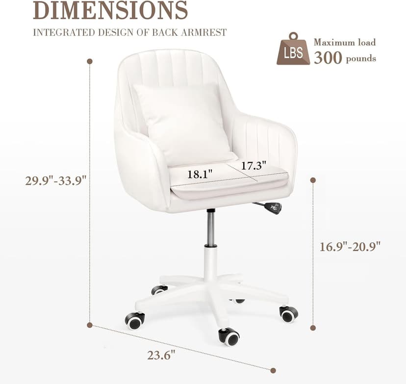 Mid Back Velvet Vanity Chair Swivel Rolling Desk Chair with Wheels, Modern Upholstered Makeup Chair for Women Girls, Computer Task Chair for Bedroom Living Room Office, White