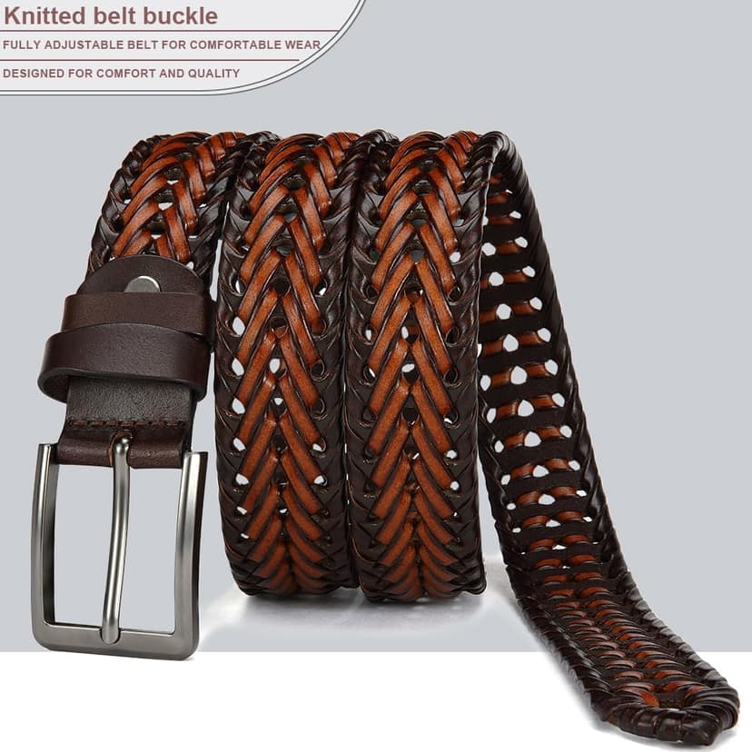 YOORAN Leather Braided Belts Men Golf Belt 1 3/8" Woven Belt Casual Jeans Gift Box